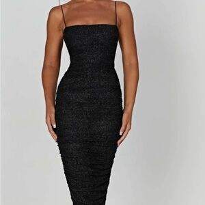 Oh Polly Black Sparkle Ruched Bodycon Midi Dress